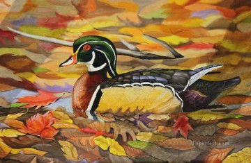 pato mandarín en otoño aves Pinturas al óleo